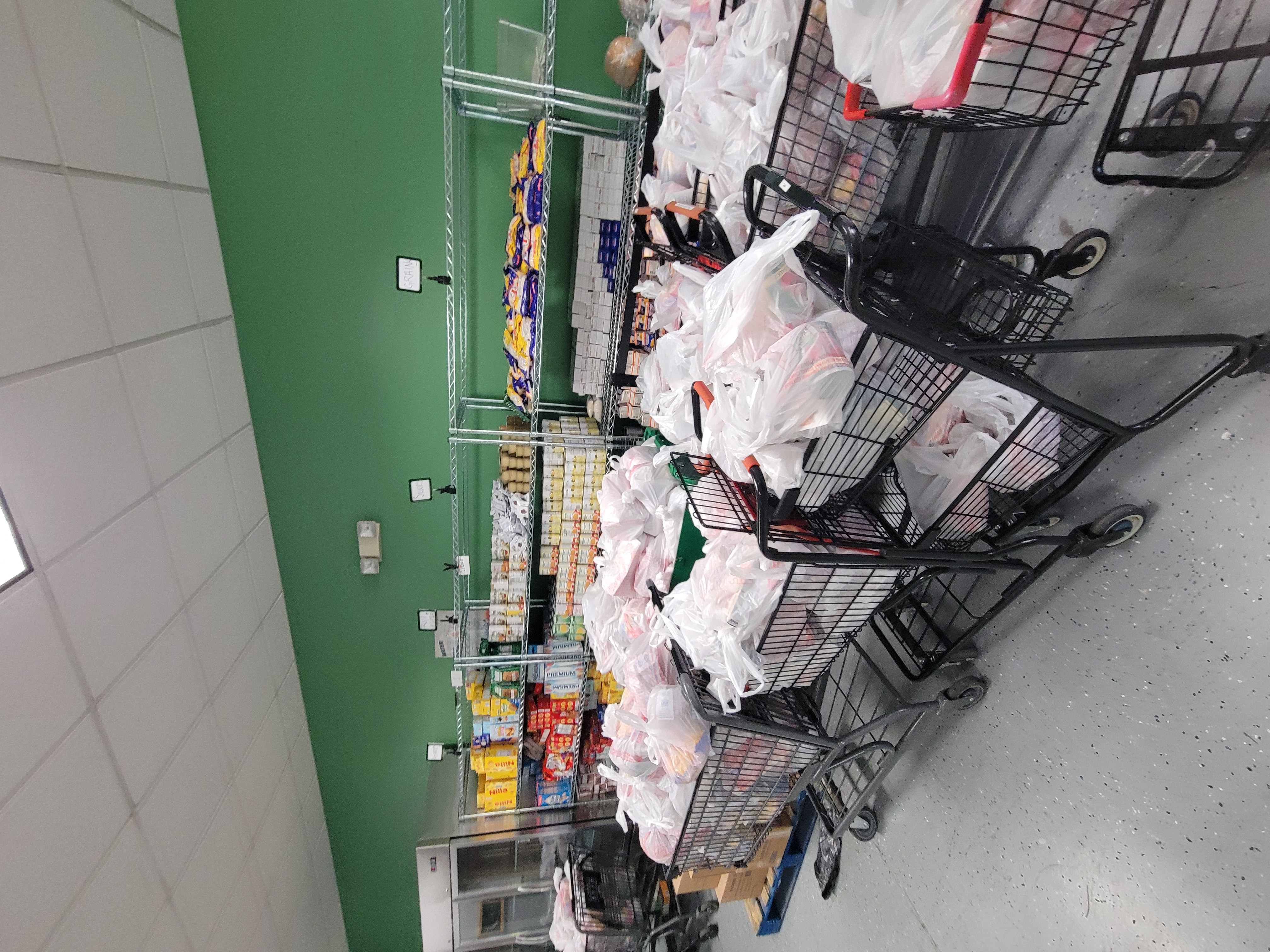 Shelves full of food and shopping carts full of plastic bags.
